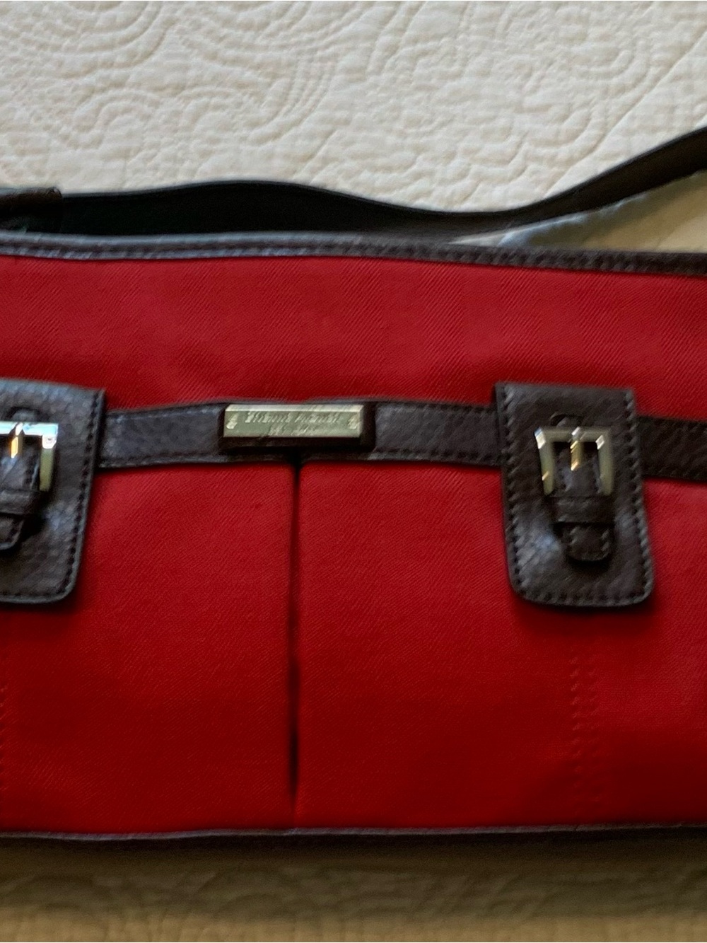 Etienne Aigner Red and Brown Canvas Triple Section Shoulder Bag